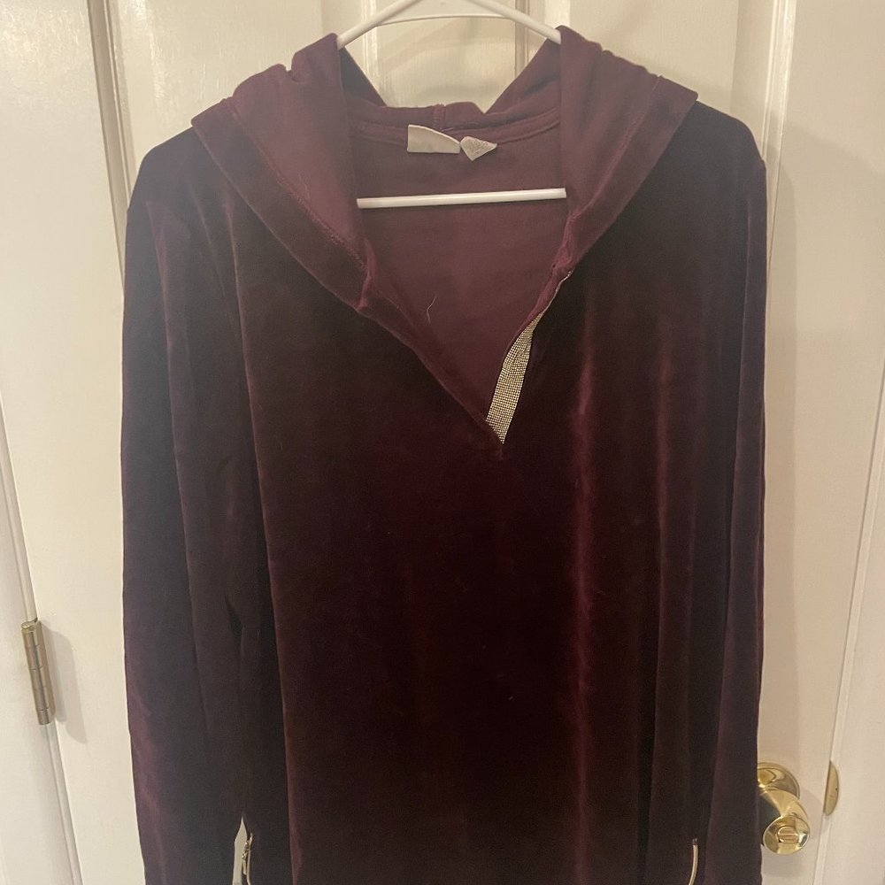 CHICO’s Zenergy -- XL (3) -- wine-colored velour hoodie with a touch of …